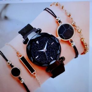 5 pcs Fashion Starry Sky Women Mesh Bt Quartz Watch with bracelet Set in Black